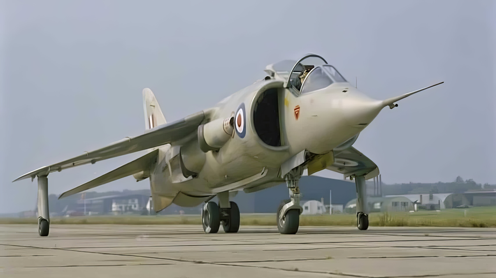A Hawker Siddeley P.1127 after landing vertically on the test pad at Dunsfold