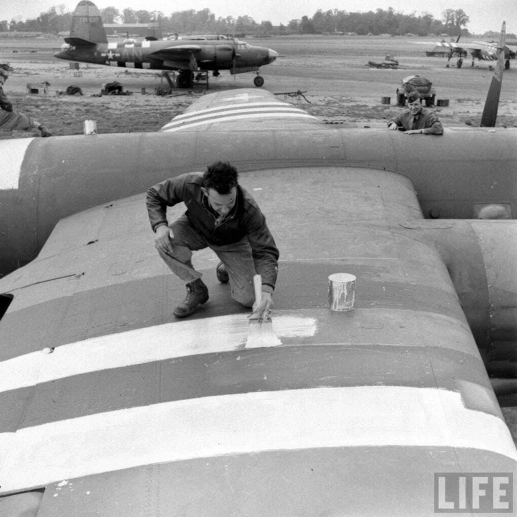 B26 gets its invasion stripes just before D Day