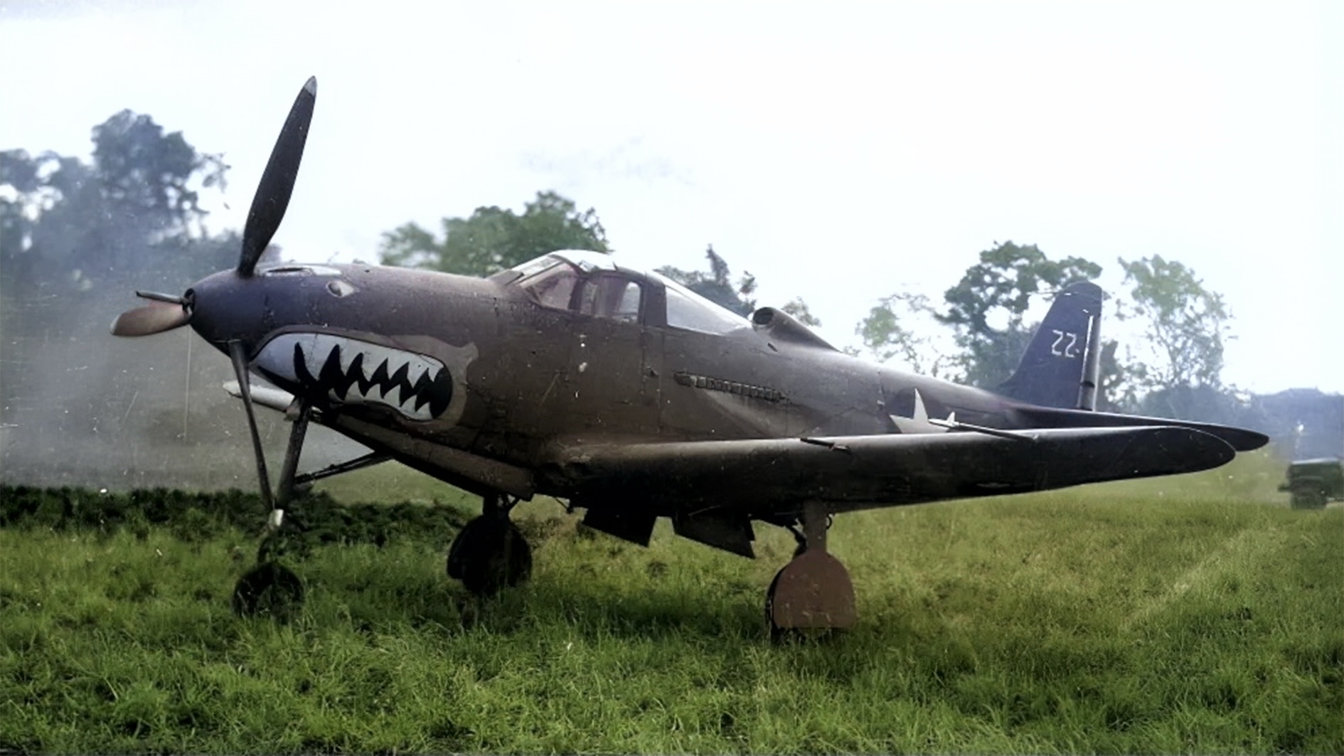 A Bell P-39 Airacobra just off the runway at Henderson Field, Guadalcanal. Despite the fierce look of the warpaint, the P-39’s performance was unimpressive. U.S. Marine Corps photo