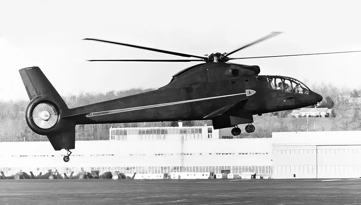 A fan-in-fin anti-torque system was tested in the S-67. Note the rudders above and below the fan. No issues were encountered with the fan-in-fin, but the helicopter was converted back to a conventional tail rotor