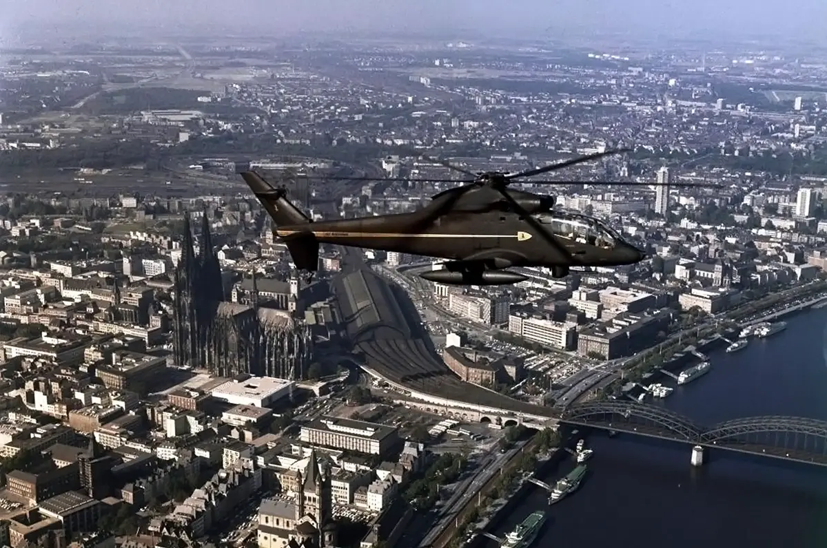 The S-67 seen in the same configuration as the previous image. The helicopter is over Cologne, Germany on its European and Middle Eastern tour in 1972