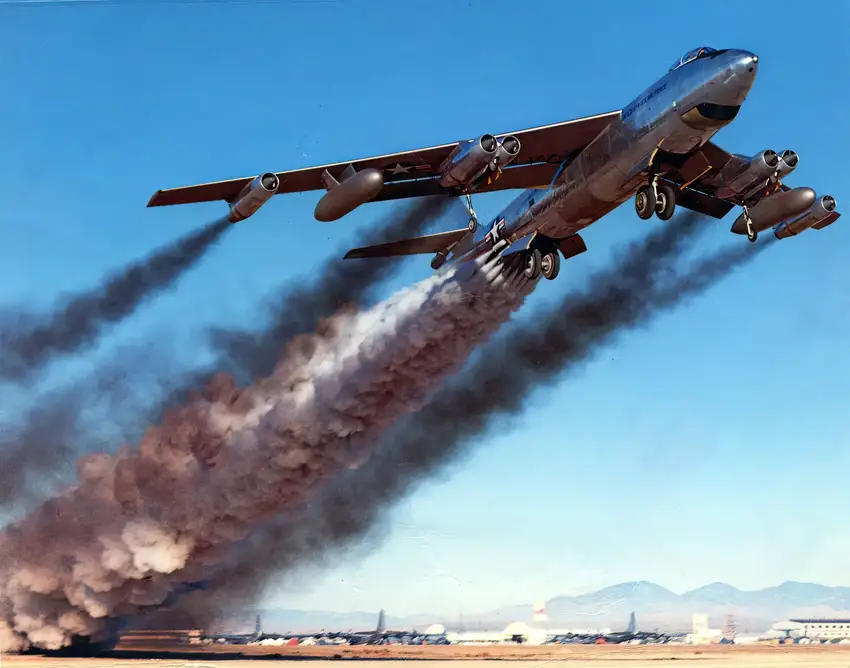 A decolagem assistida por foguete de um Boeing B-47B, equipado com motores GE J47 e propulsores de foguetes sólidos; supostamente realizada em 15 de abril de 1954